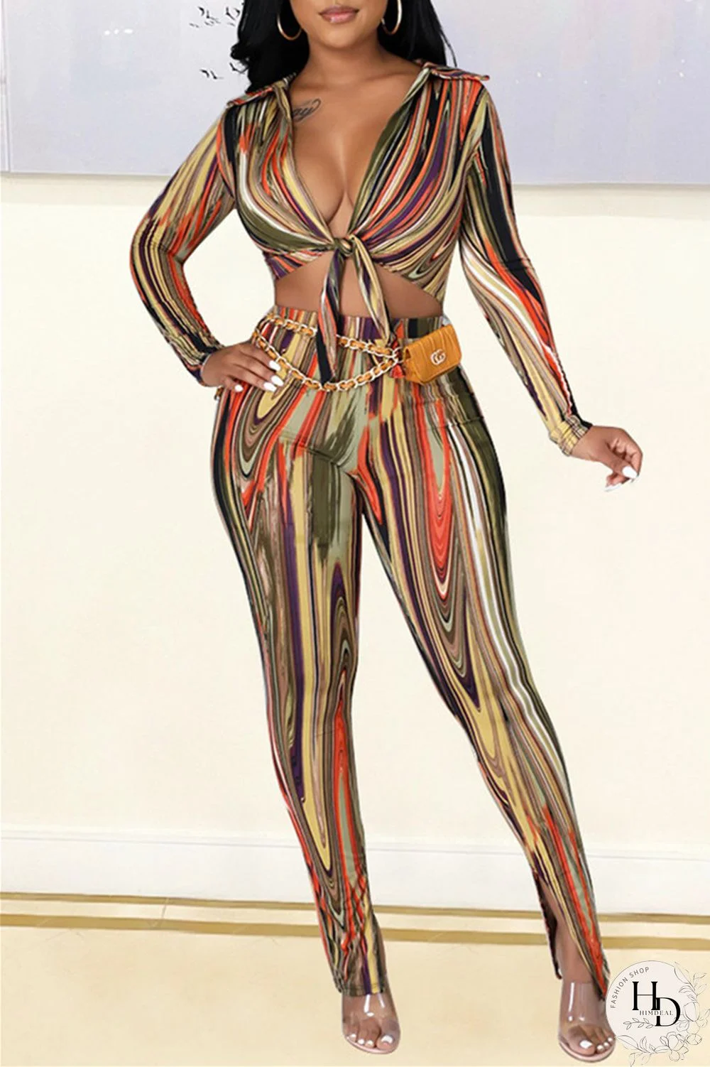 Rose Red Blue Sexy Casual Print Bandage Turndown Collar Long Sleeve Two Pieces