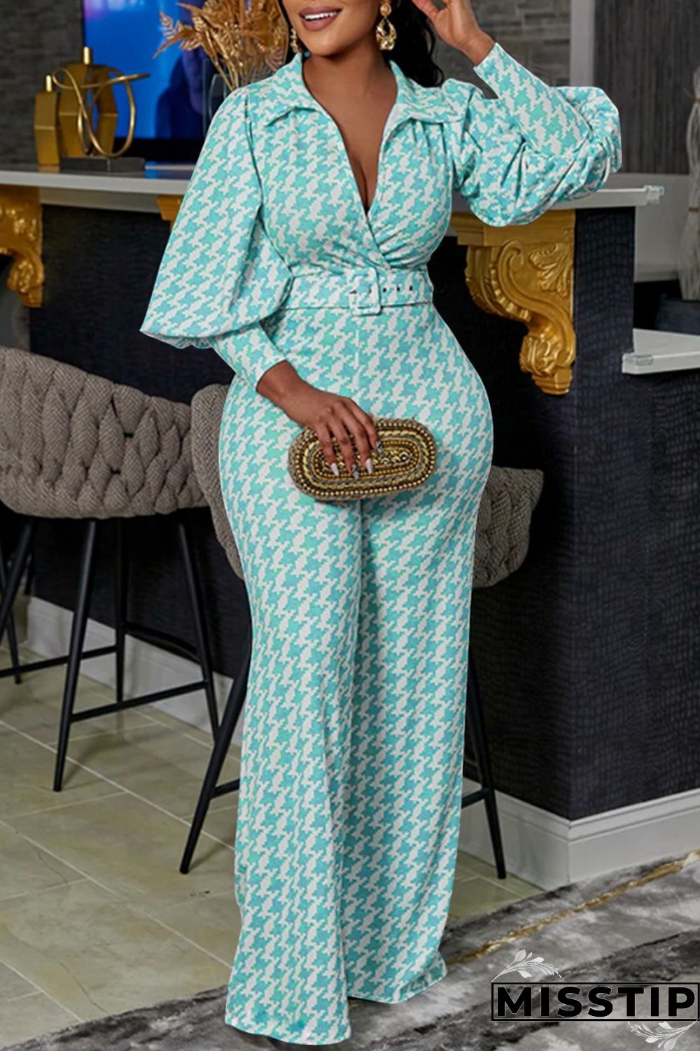 Blue Casual Print Patchwork With Belt Turndown Collar Long Sleeve Two Pieces