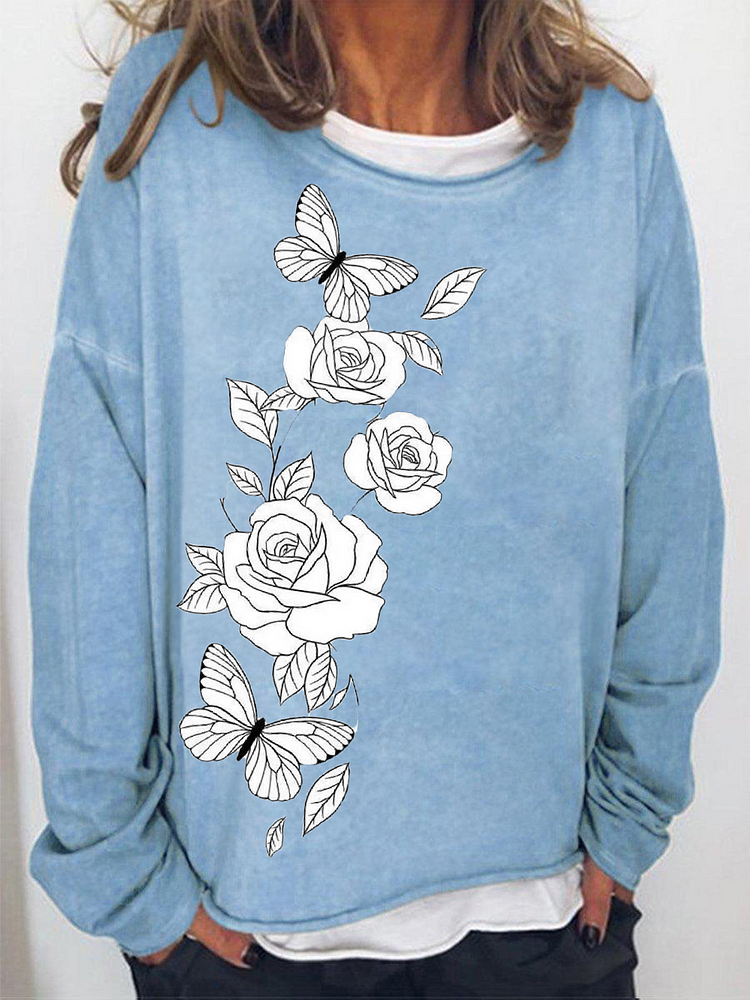 Women's Trend Art Rose With Butterfly Ice Cold Butterfly Lllustration Print Round Neck Long Sleeve Sweatshirt