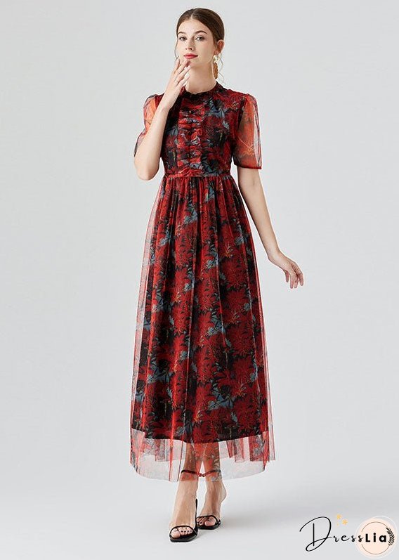 Vogue Red Ruffled Print Patchwork Tulle Long Dress Summer