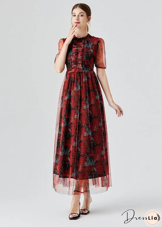 Vogue Red Ruffled Print Patchwork Tulle Long Dress Summer