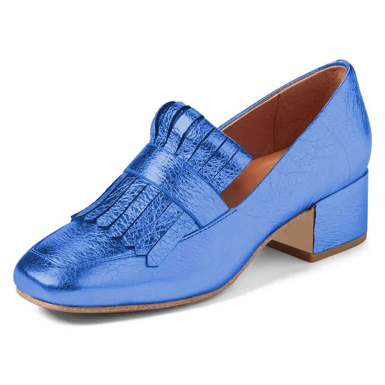 Blue Square Toe Block Heels Fringe Loafers for Women US Size 3-15 |FSJ Shoes
