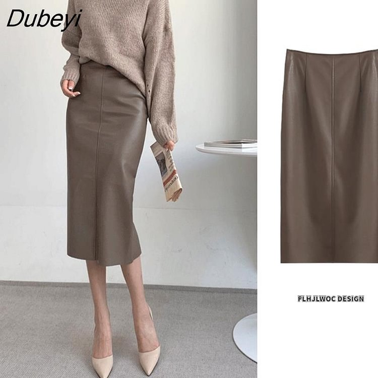 Dubeyi Leather Pu Skirt High Waist Bandage Hip One-Step Retro Temperament Girls Women Solid Fashion Mid-lLength Split Slit Skirts