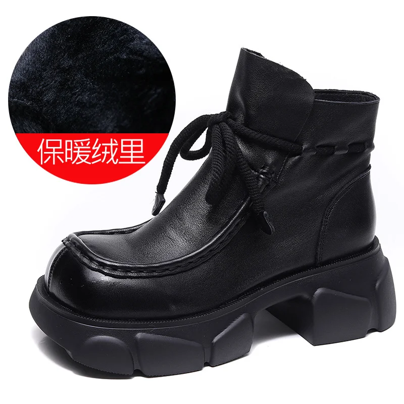 Yyvonne Head-Level Kraft Handmade Pine Cake Boots Women Autumn And Winter New Naked Boots Thick And Square Head Martin Boots