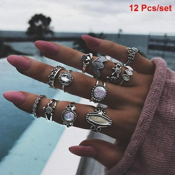 Women plus size clothing Wholesale Cheap Jewelry Simple Vintage Classic Geometric Bohemia Alloy 12 Pieces Rings-Nordswear