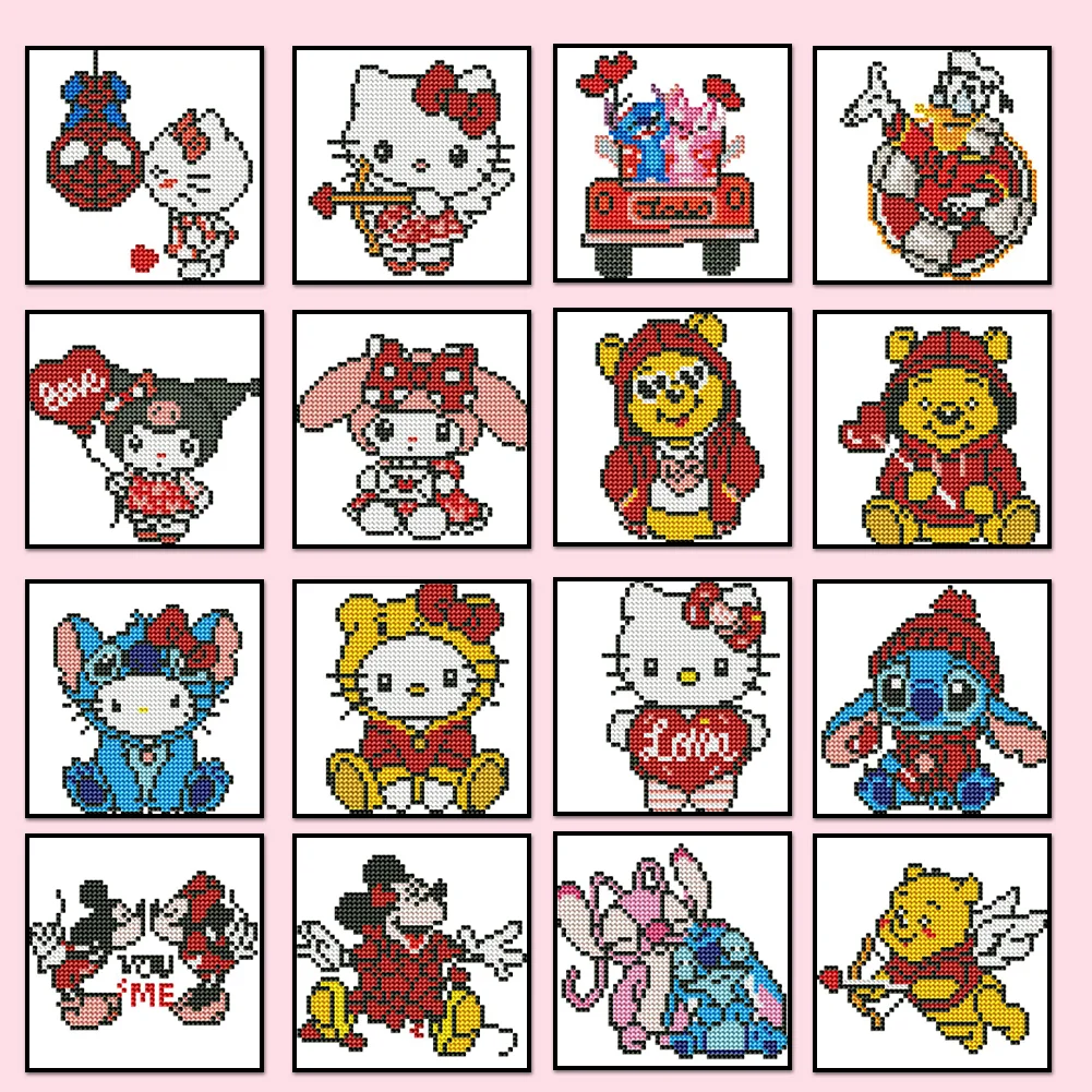 16pcs Cartoon DIY Mini Partial Round Diamond Painting for Table Decor No Frame(15*15cm)