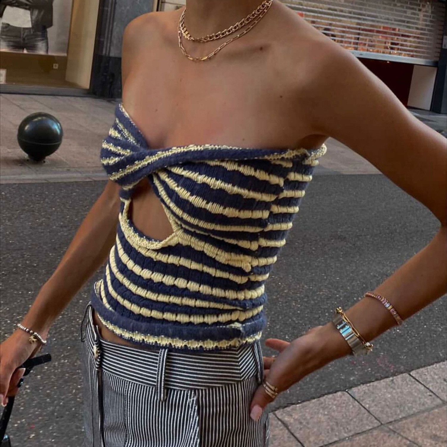 Ootddress 2025 Off Shoulder Knit Tube Top Sexy Strapless Backless Bustier Tops For Women Stripe Cropped Top Hot Summer Streetwear