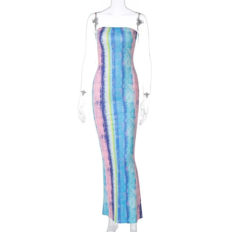2023 Sleeveless Slash Neck Tye Die Style Skinny Maxi Dress Spring Summer Women Fashion  Streetwear Casual Outfits