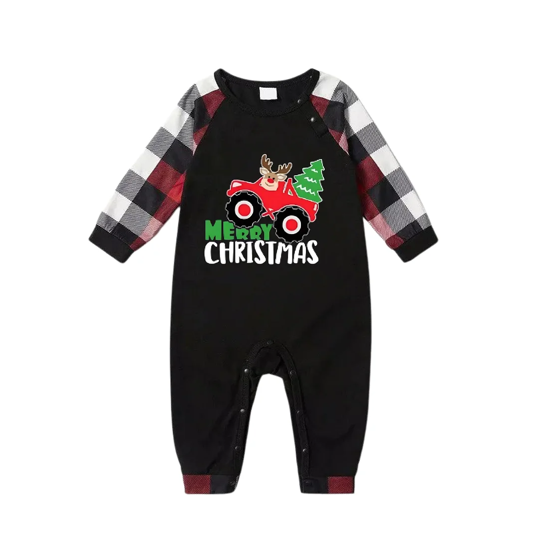 Driving Elk Cartoon Pattern Red&Black&White Plaid  Matching Pajamas