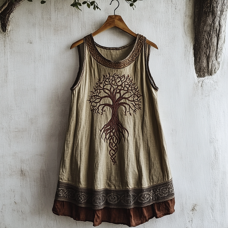 Women's Viking Tree Of Life Celtic Knot Pattern Art Linen Sleeveless Top