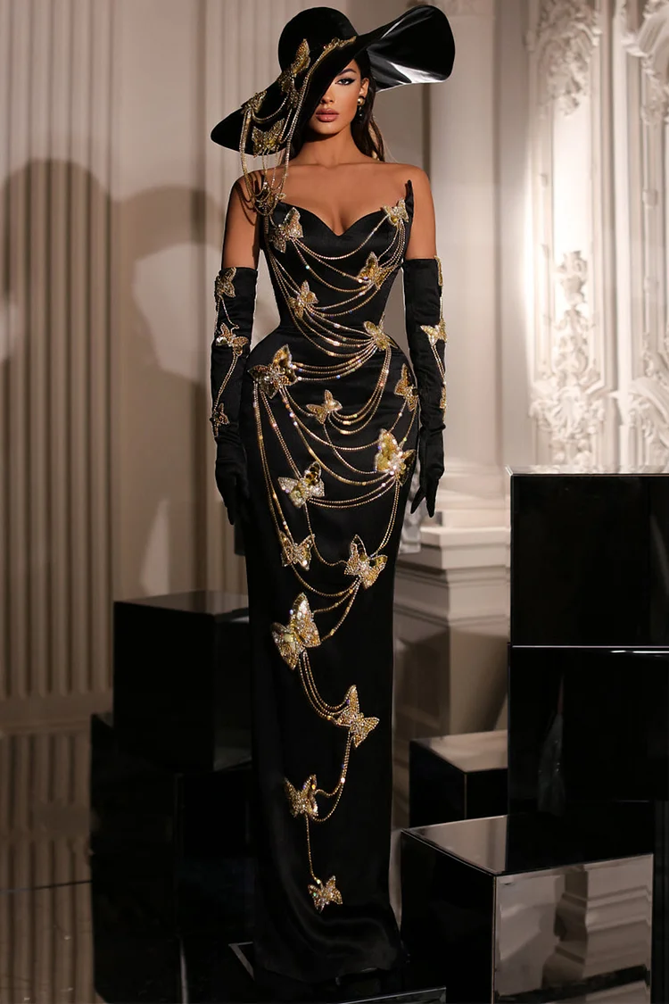 Strapless Butterfly Rhinestone Chain Velvet Gloves Maxi Dress-Black