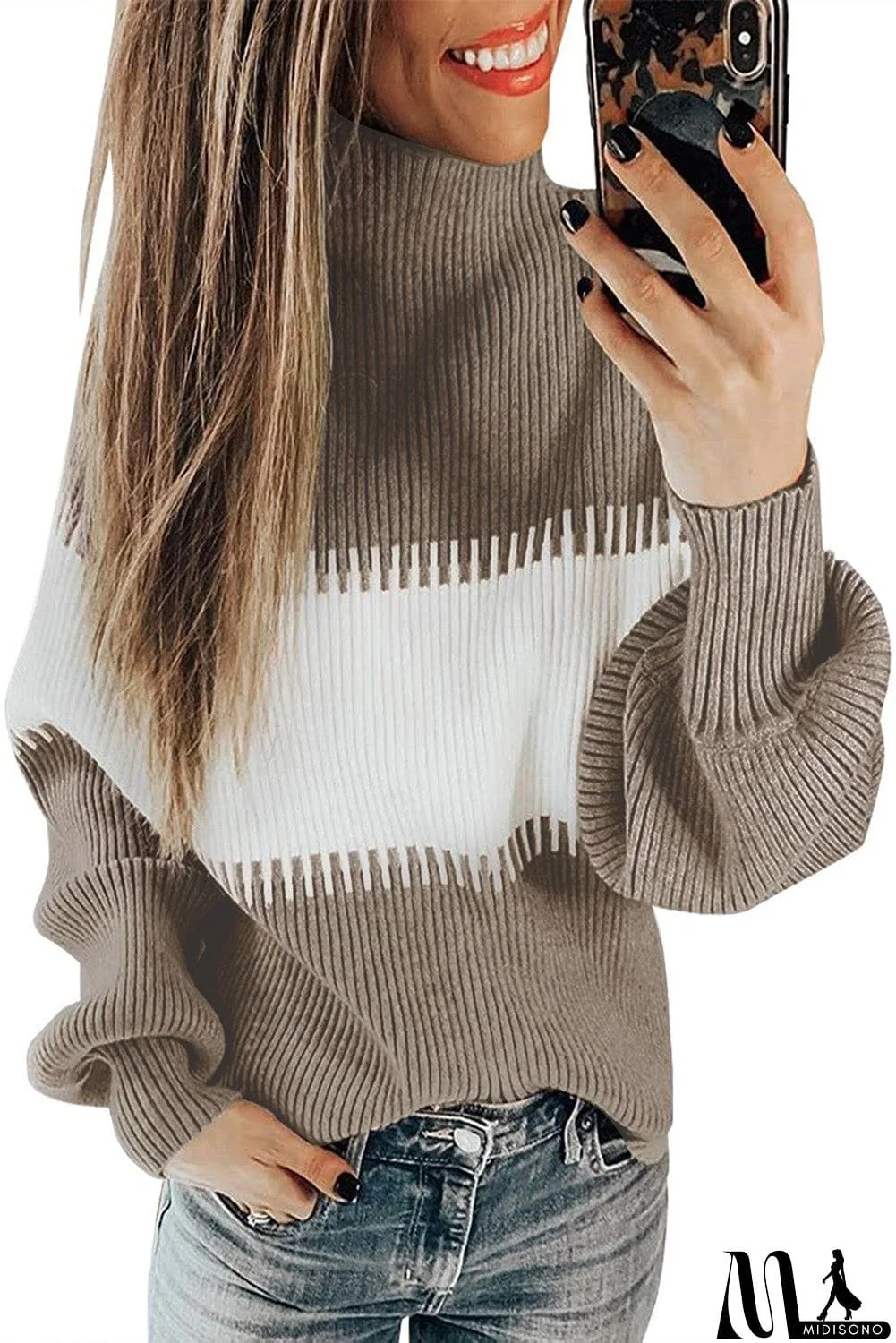 MidiSono - Color Block High Neck Pullover Sweater