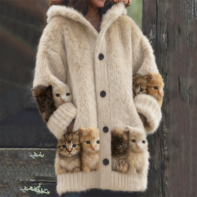 Lovely Kittens Cats Art Cozy Knit Hooded Cardigan elevenforest