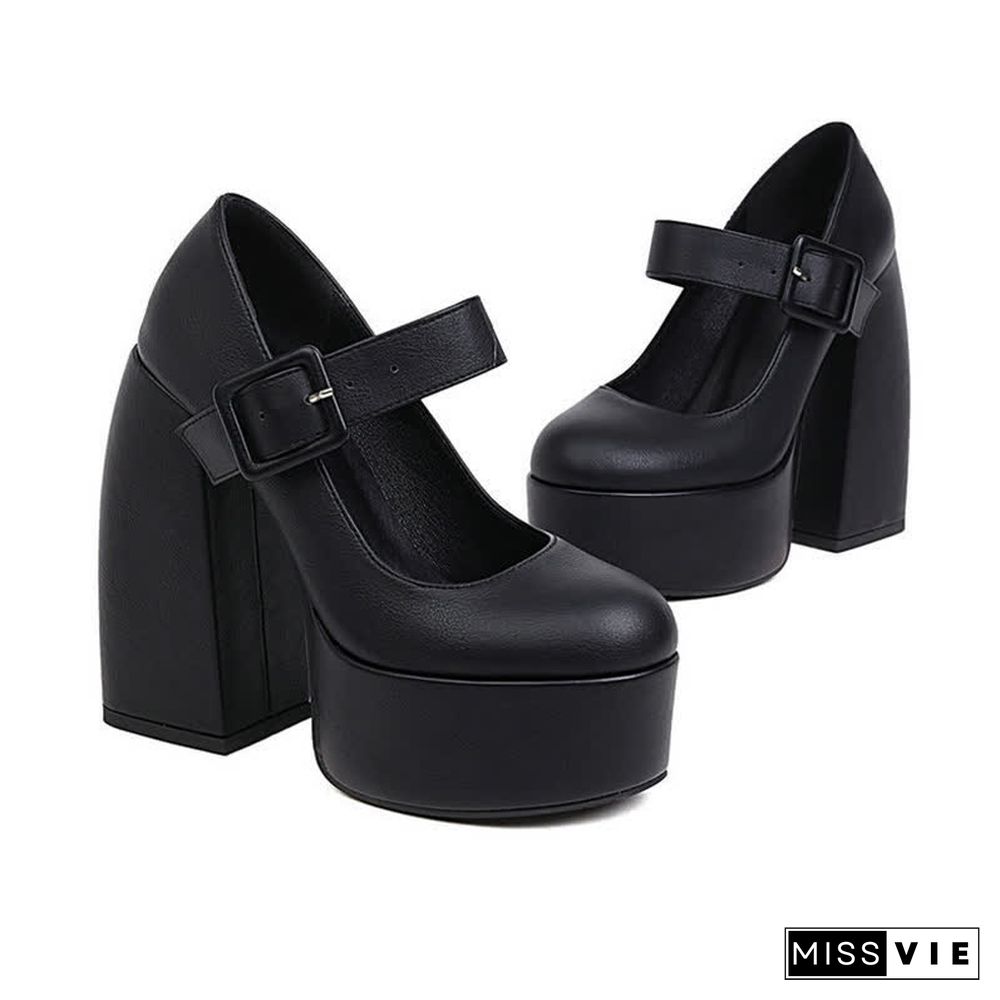 Pure Color Chunk High Heel Mary Janes Shoes