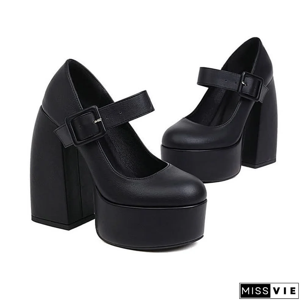 Pure Color Chunk High Heel Mary Janes Shoes