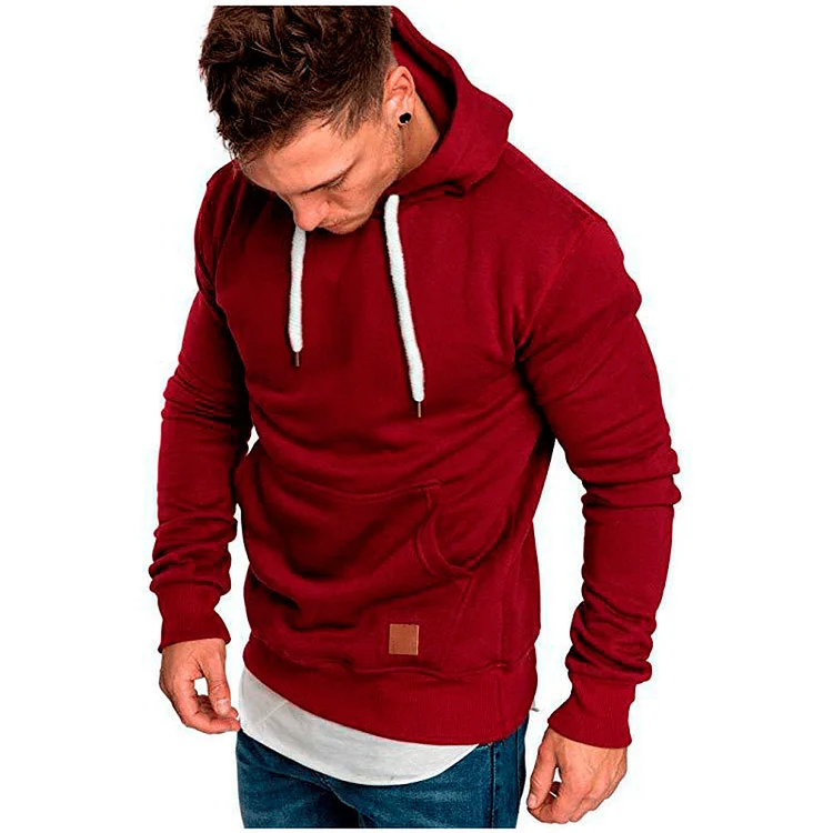 BrosWear Casual Solid Color Drawstring Patch Pocket Hoodie red