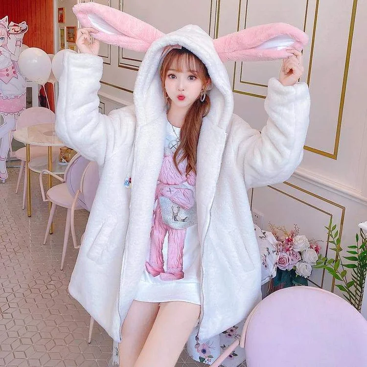 Cute Fashion Long Pink Rabbit Ears White Coat SS1639
