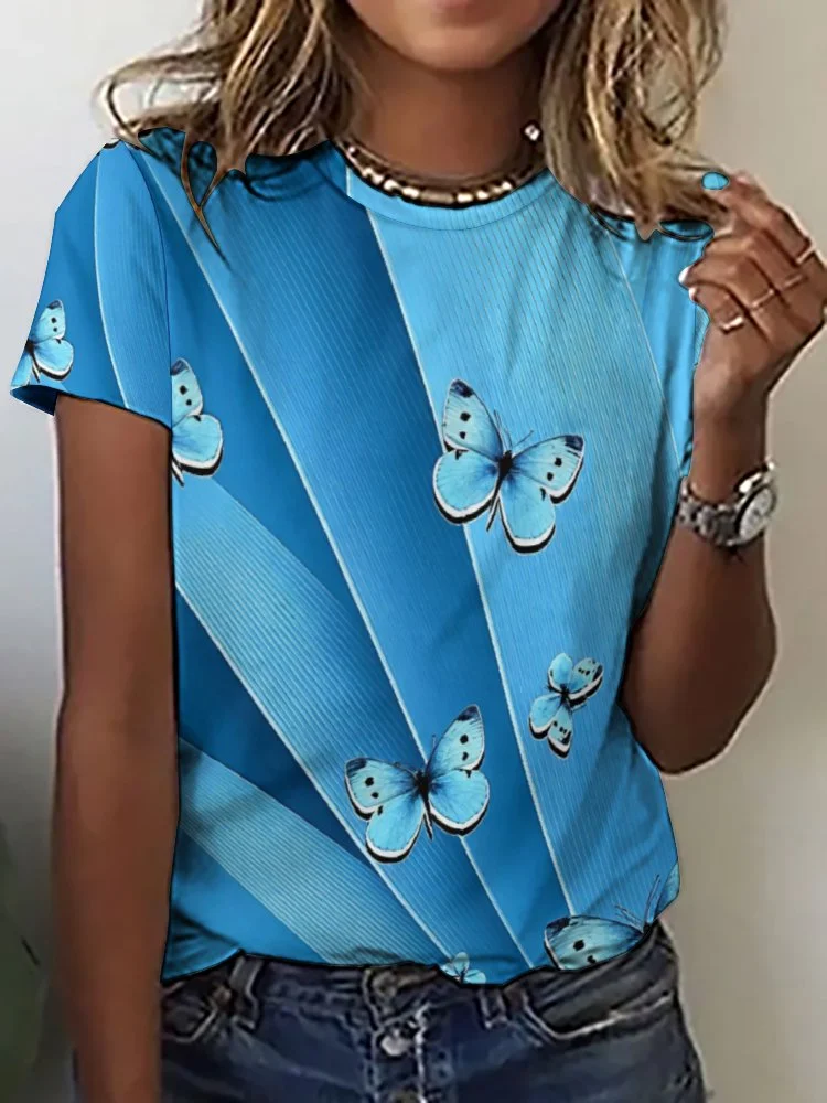 Printed Short Sleeve Casual T-shirt for  Women and Men Unisex Pattern Butterfly, Blue, Texture