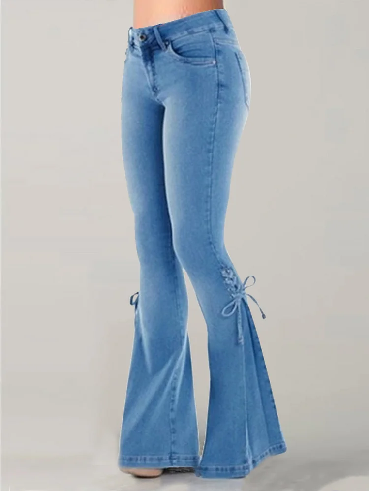 Fashion Plain Flare Leg Lace-Up Denim Slim Fit Pants