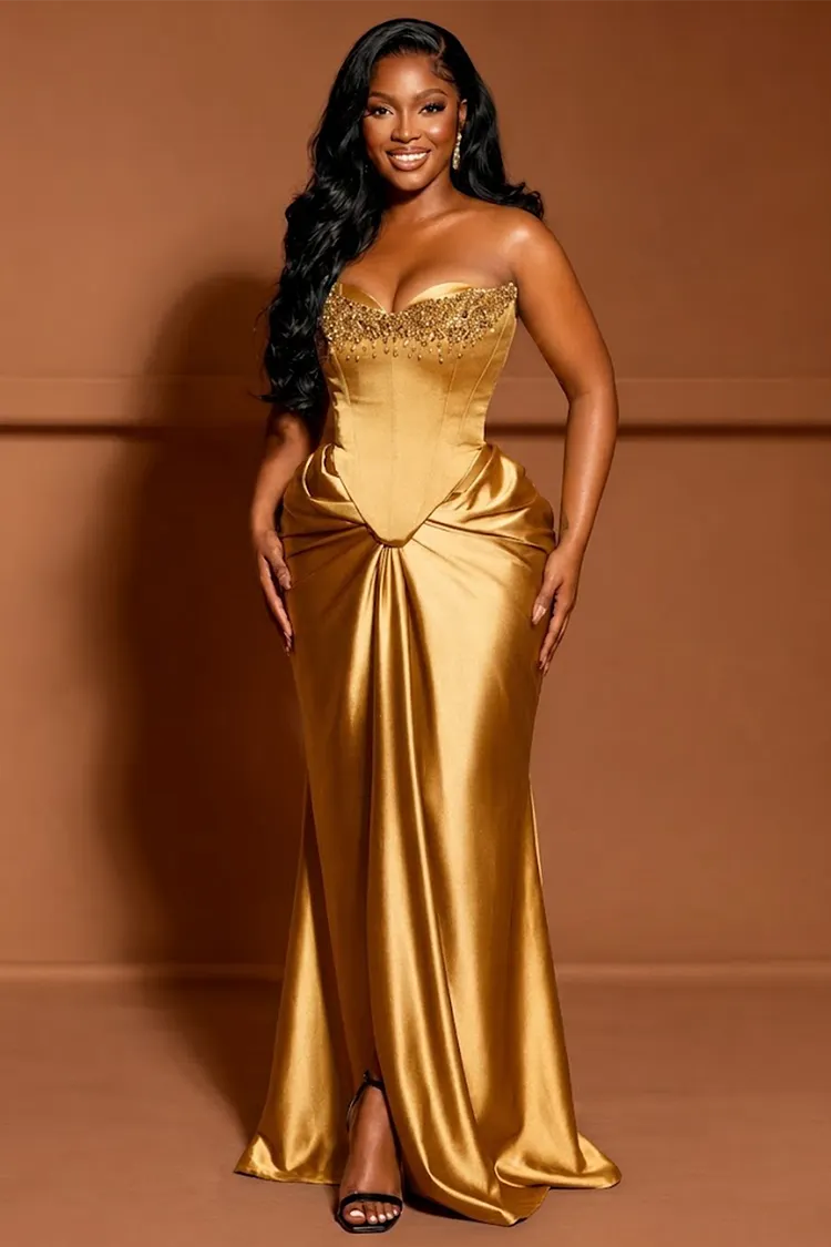 gold beaded dresses Strapless Corset Satin Patchwork Mermaid Maxi Dresses-Gold [Pre Order] Color:Graphite Gray Buy Lauren Ralph Lauren Fabric:WOVEN Cape dress length design exudes grace
