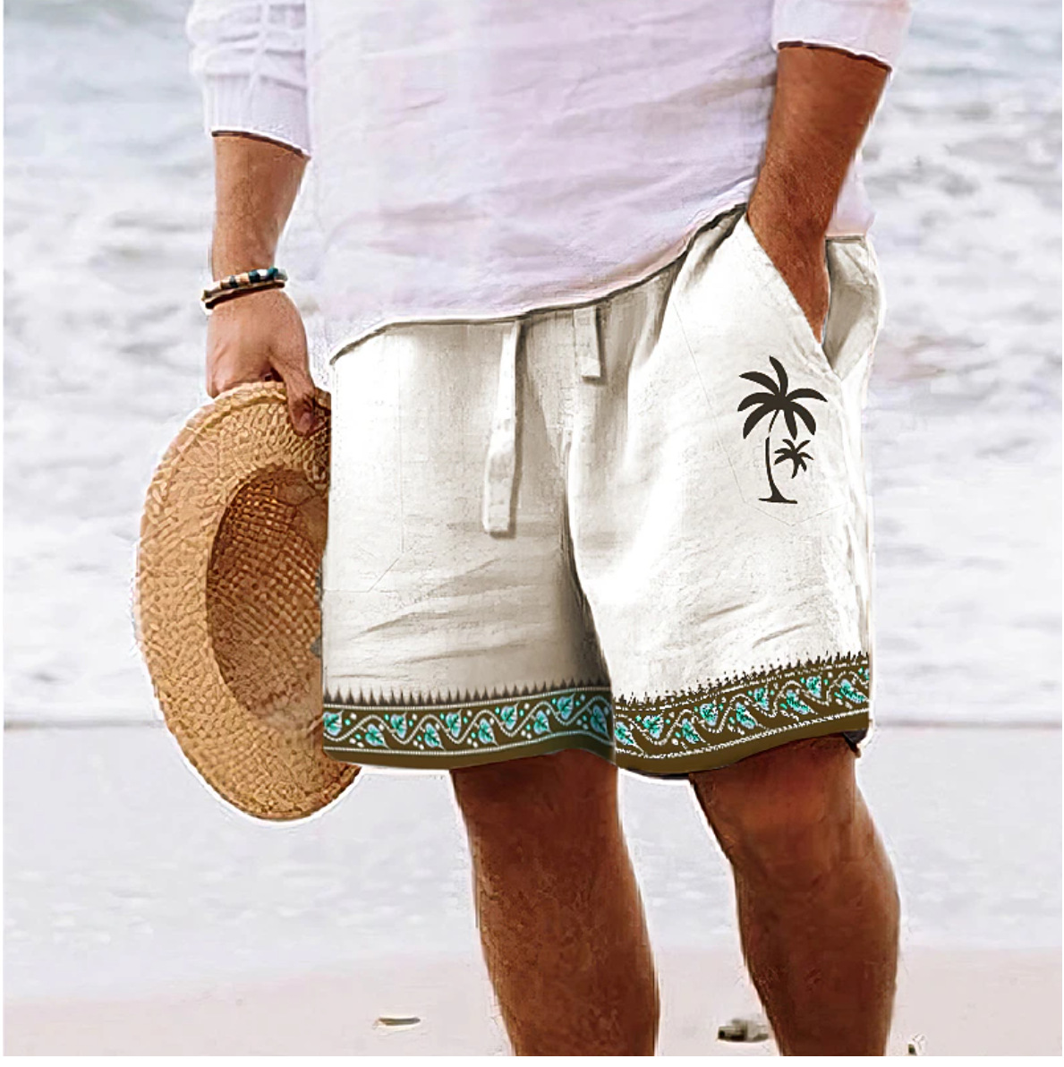 Men's Striped Drawstring Elastic Waist Cotton and Linen Beach Casual Shorts