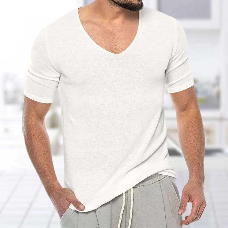 Uveng Uveng Men's Thin V-Neck Solid Knitwear Summer Short-Sleeved Knitted T-Shirt SY0049
