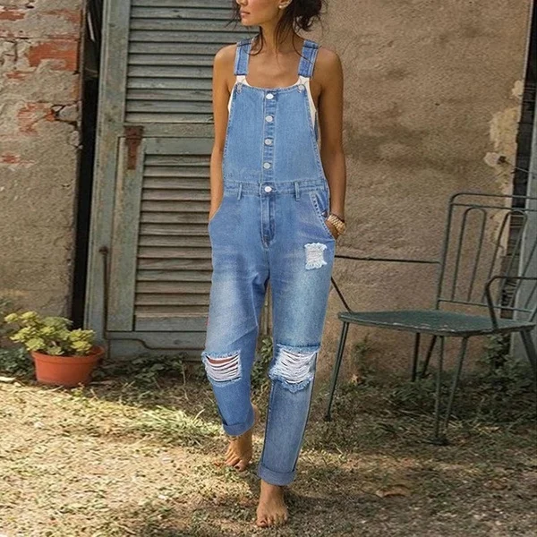 Women's 2024 Jumpsuit U-Neck Sleeveless Denim Ripped Jumpsuit Overall