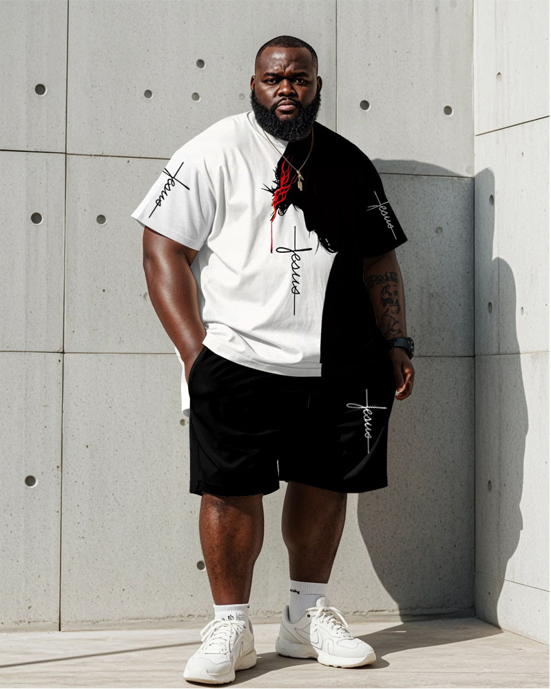 Men's Plus Size Daily Casual Black And White Jesus Letter Print Short Sleeve T-Shirt Shorts Suit
