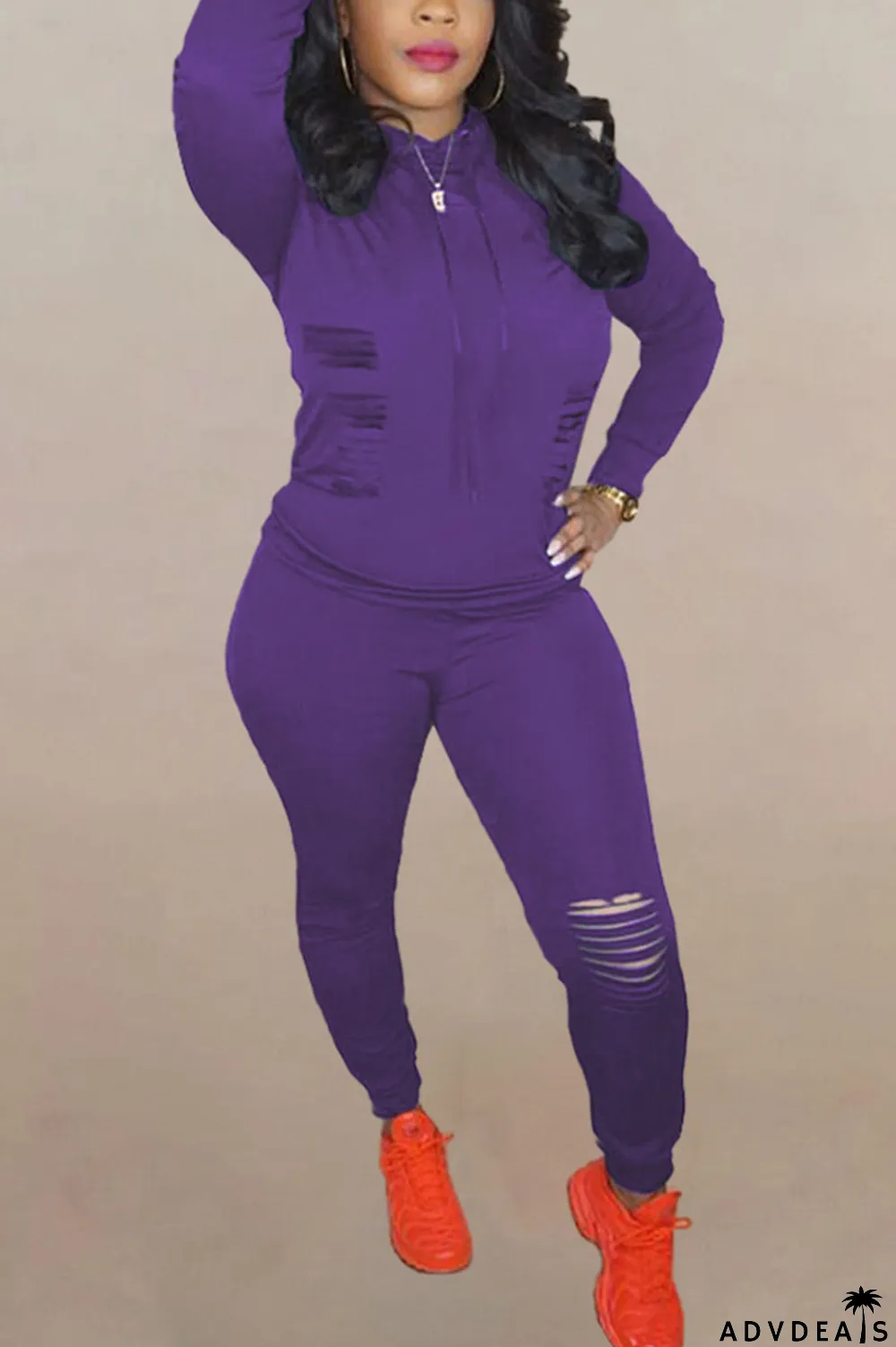 Brown Fashion Solid Ripped Hooded Collar Long Sleeve Two Pieces