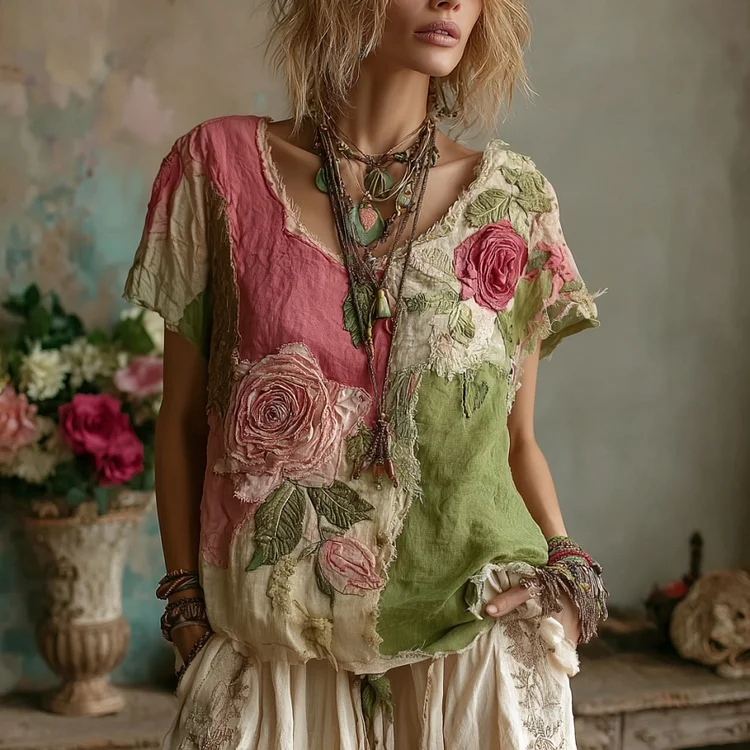 Women's Vintage Floral Pattern Crew Neck T-shirt