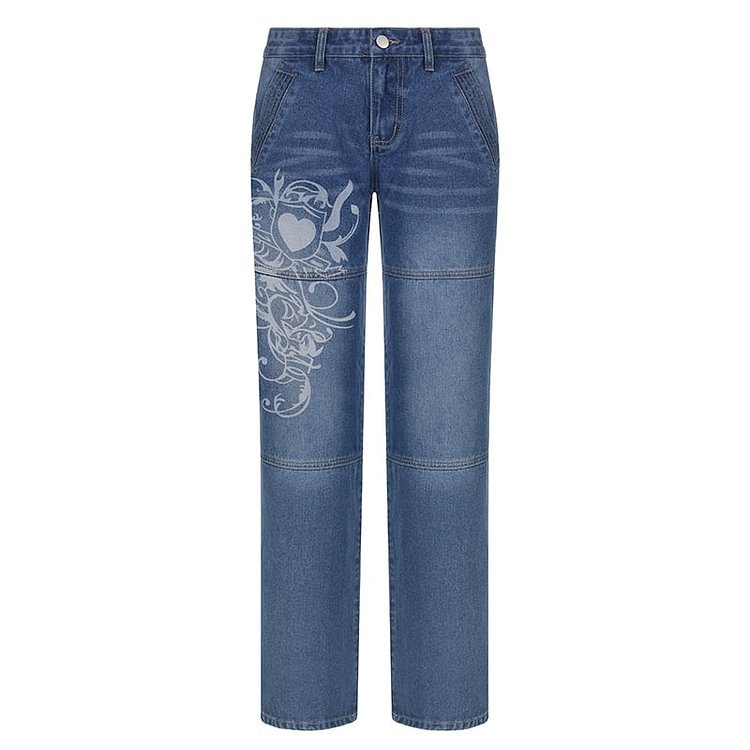 Rapcopter y2k Printed Blue Jeans Kawaii Baggy Straight Trousers Retro Streetwear Pockets Zipper Denim Joggers Women Hot Mom Jean