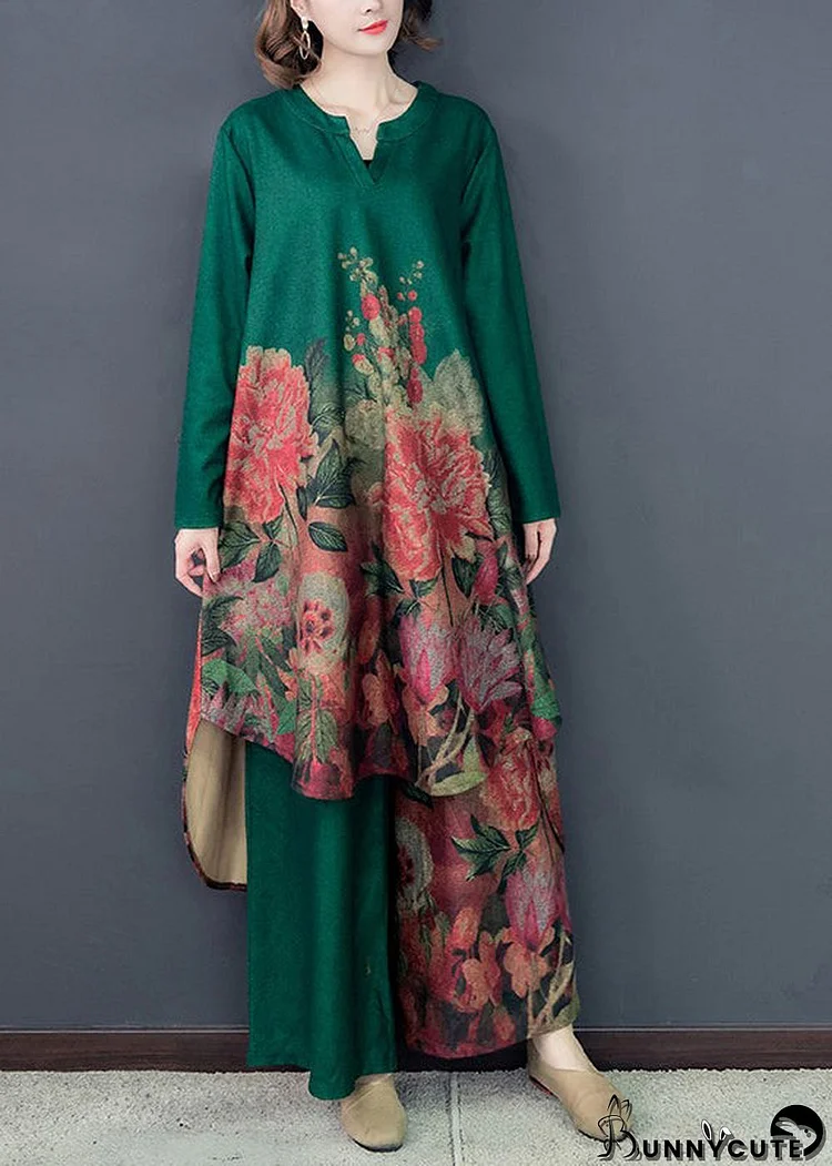 Green Floral Silk Dress And Wide Leg Pants Two Pieces Set Low High Design Spring