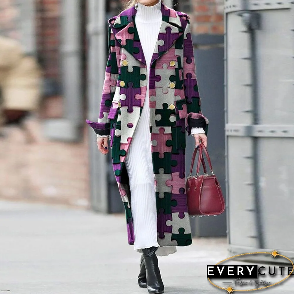 Vintage Pattern Printed Long Coat Women Autumn Casual Long Sleeve Lapel Cardigan Coat Ladies Fashion Loose Pocket Woolen Coats