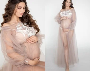 pornhint Pornhint Tulle Maternity Dress for Photo Shoot Sheer Boudoir Robe Sheer Maternity gown long sleeves Gift for mom to be, Baby shower Gifts Eshirol