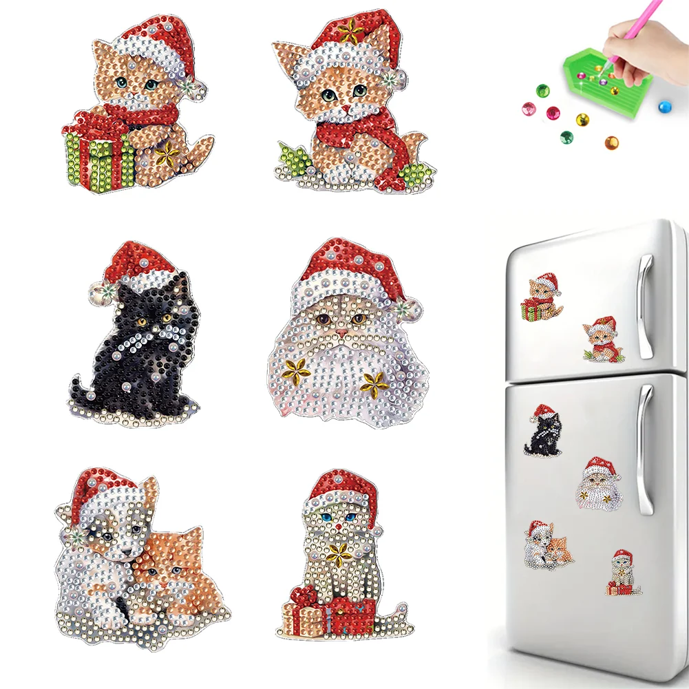 6Pcs DIY Christmas Cat Acrylic Special Shape Diamond Painting Fridge Magnet