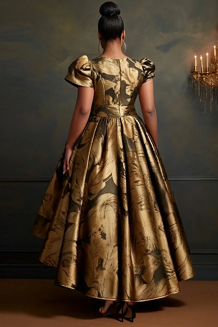 Xpluswear Design Plus Size Cocktail Party Gold All Over Print V Neck Puff Sleeve High Low Hem Elegant Satin Midi Dresses [Pre-Order]