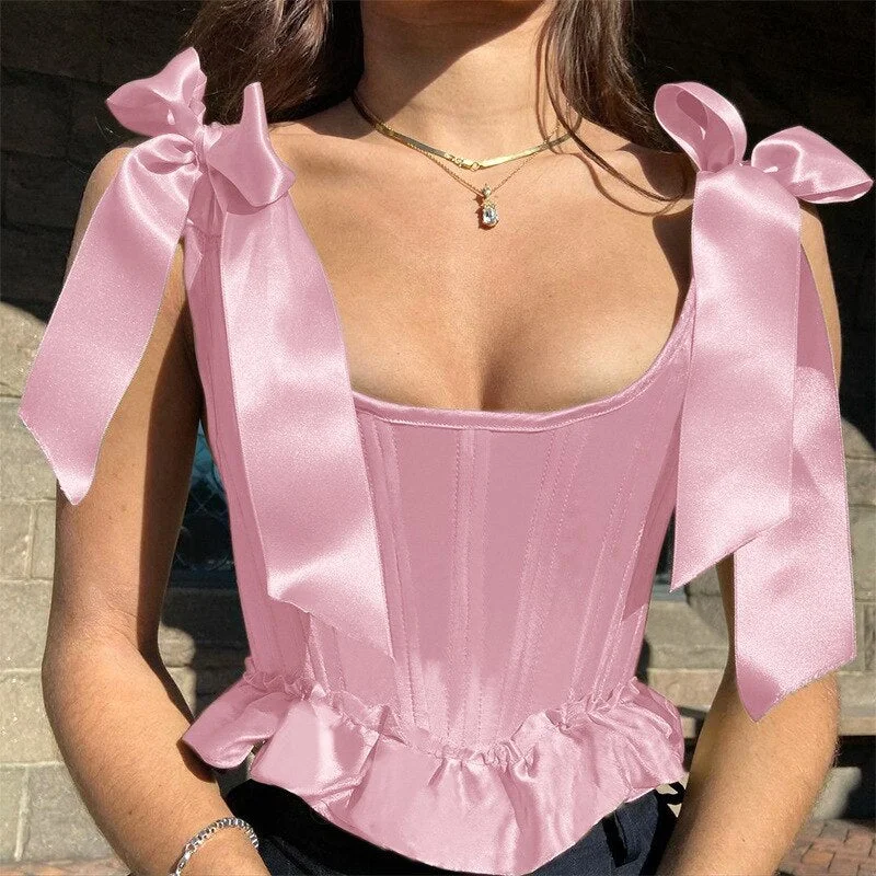 Yiallen Green Ruffle Sexy Camis Crop Tops for Women Sleeveless Silky Strappy Corset Top Cropped Club Party Outfits Elegant