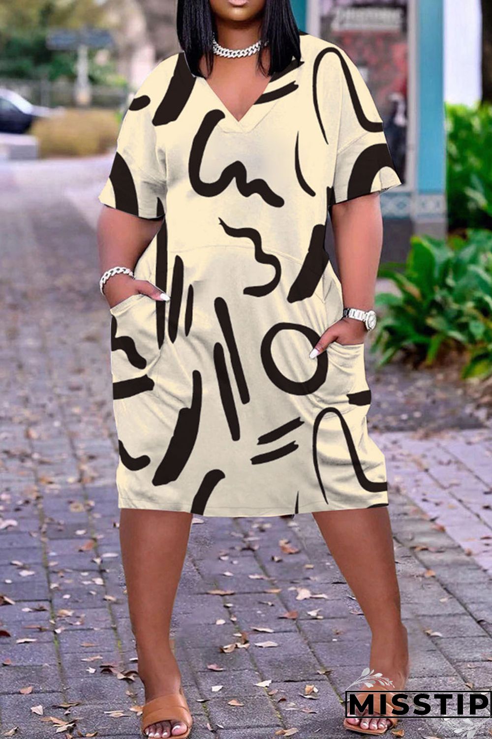 Colour Casual Street Print Patchwork V Neck Straight Dresses
