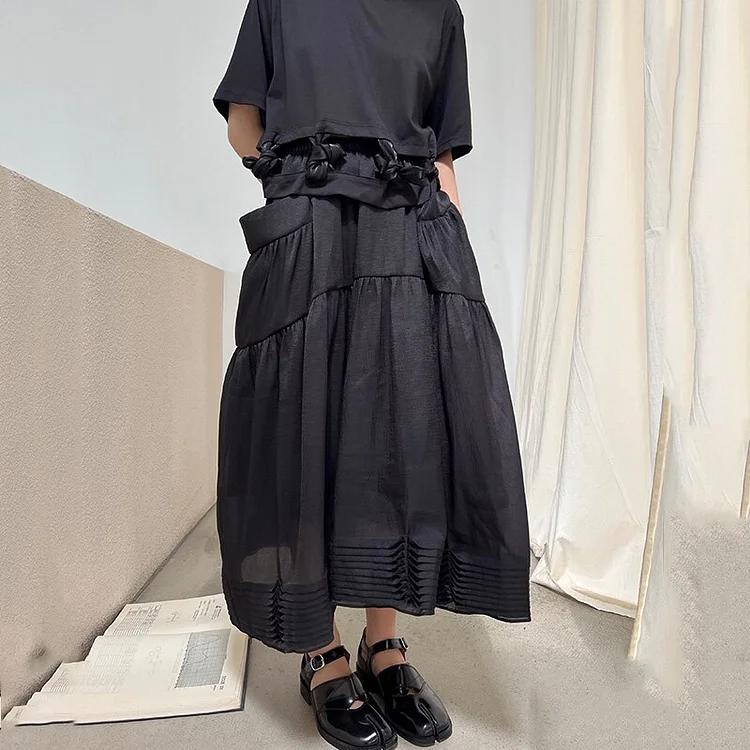 Art Black Elastic Waist Splicing Folds Patchwork Pockets Pleated Hem Skirt      