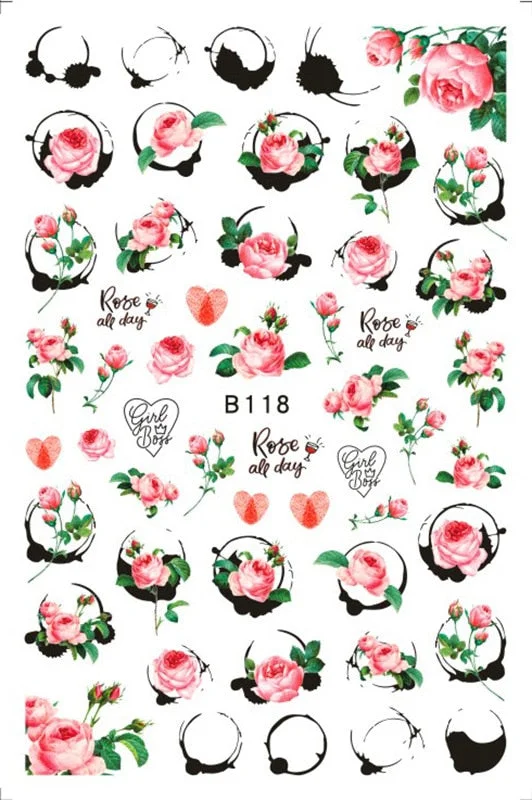 Black Rose Flower Heart 3D Nail Sticker Self-Adhesive Slider Art Decorations Valentine's Day Decals Manicure Accessories-Nail Inspo