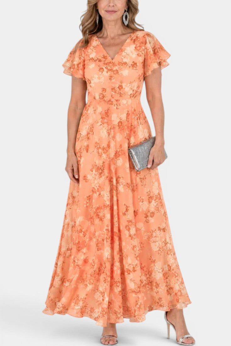 V-Neck Maxi Dress with Flutter Sleeves & Floral Pattern