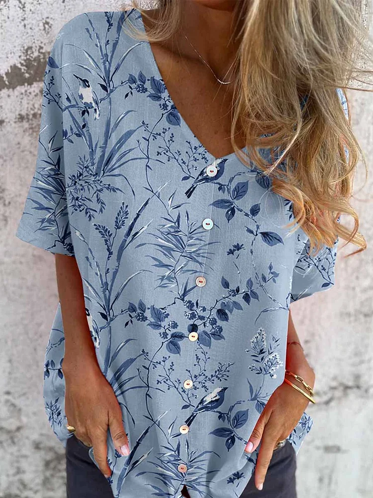 Women's Elegant Floral Pattern Shirt Style Cotton and Linen Top