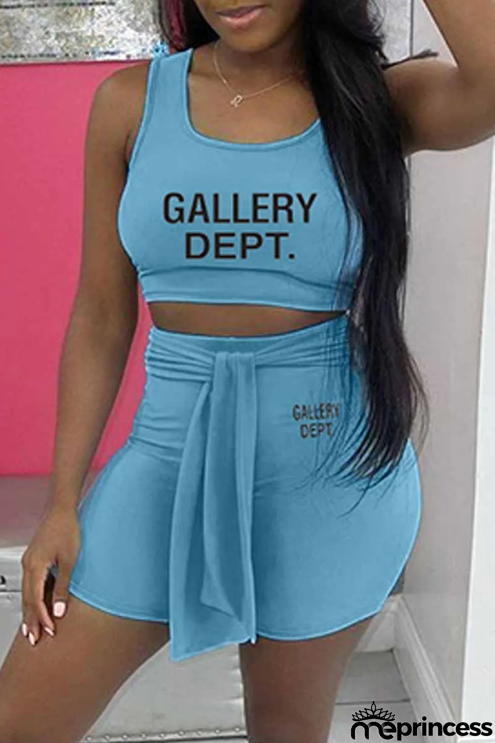 Light Purple Sportswear Print Letter U Neck Sleeveless Two Pieces