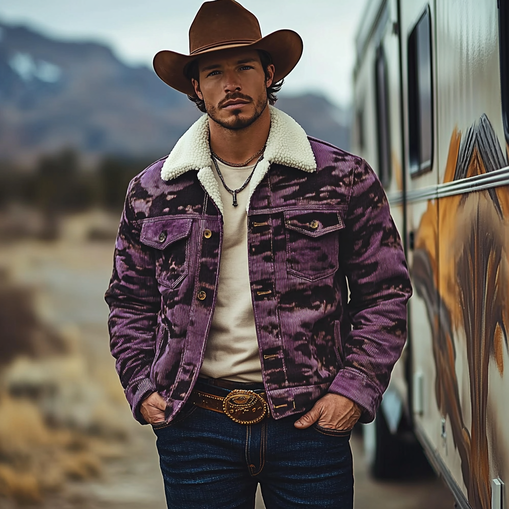 Men's Vintage Western Cowboy Printed Sherpa Jacket-inspireuse