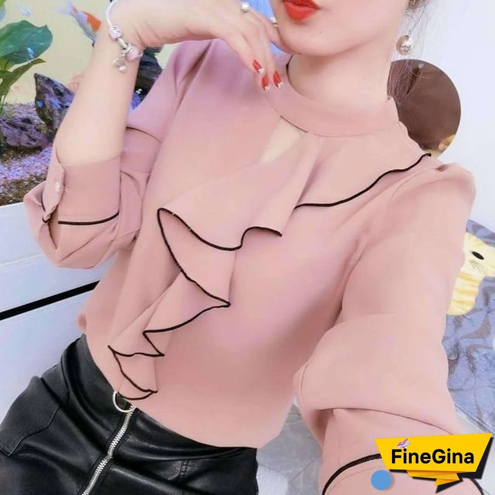 Women Spring Summer Style Chiffon Blouses Shirts Lady Casual Long Sleeve Ruffles Decor Stand Collar Chiffon Blusas Tops DF3148