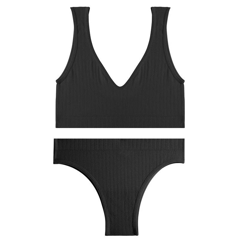 FINETOO Padded Bra Set Women Backless Tops Seamless Panties Female Deep V Bralette M-XL Wireless Bras Suit Ladies Lingerie 2021