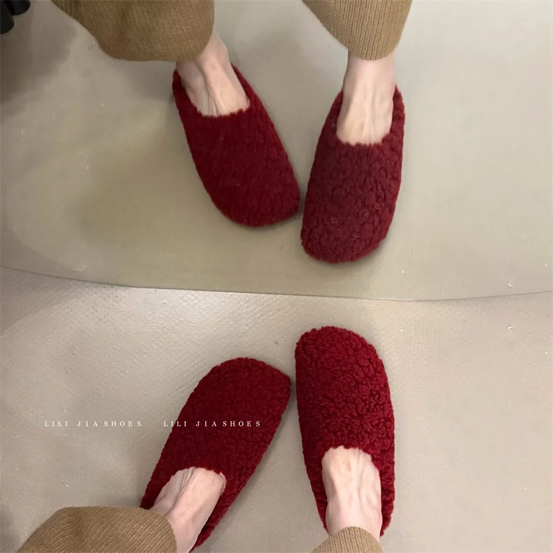 Yyvonne Retro Lamb Hair Plus Plush Fur Slippers Women's Bag Head Dragging Fairy Wind Lazy Cotton Slippers