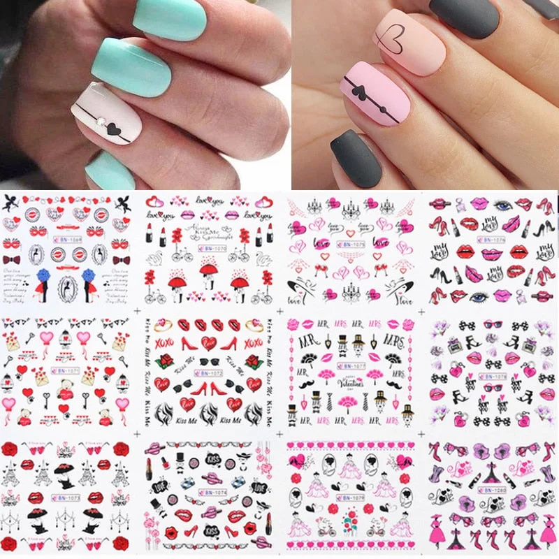 Harunouta 12Pcs/Set Love Letter Flower Sliders Water Decals Electrocardiogram Love Heart Lips Stickers For Nails Decoration