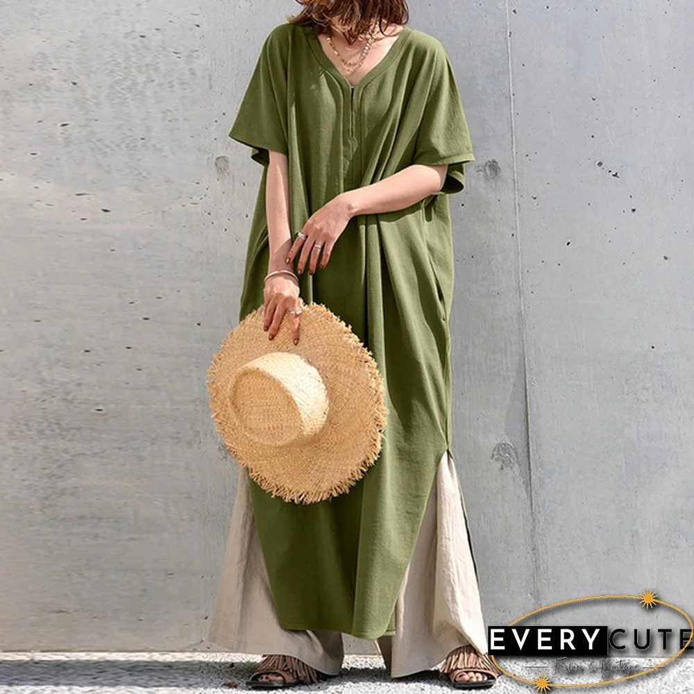 Women Casual Solid Holiday Kaftan Long Shirt Dress Summer Short Sleeve Slit Hem V Neck Maxi Sundress