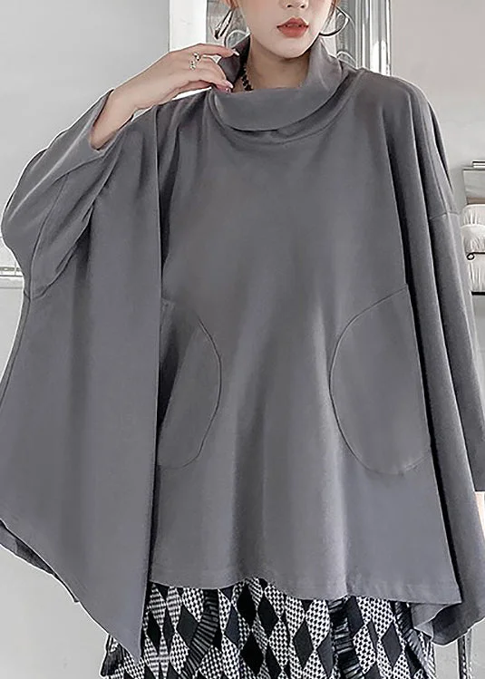 Unique Grey Hign Neck Patchwork Cotton Top Batwing Sleeve